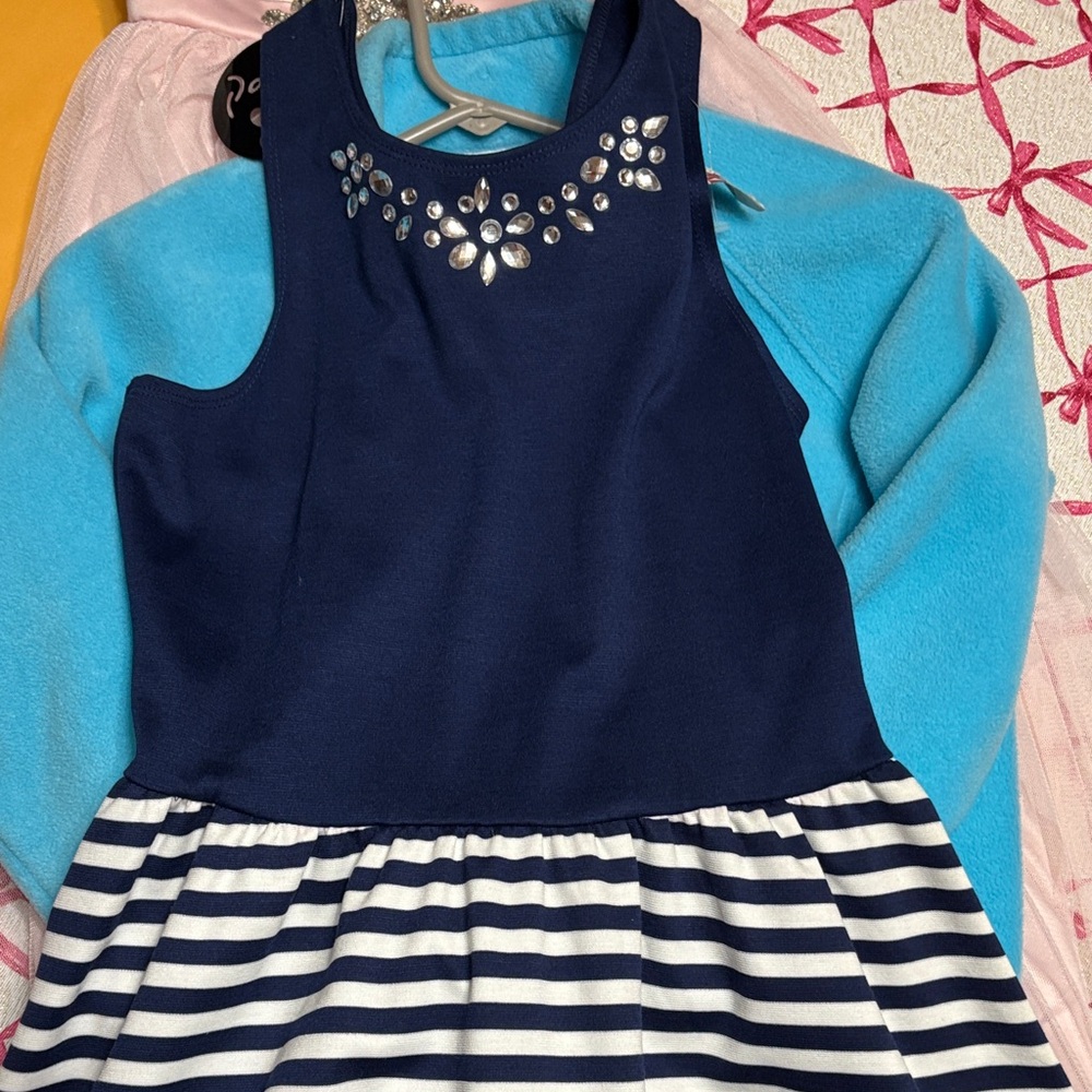 Navy and White Striped Dress with Embellished Neckline